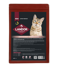 LANDOR SENSITIVE ADULT Индейка с уткой сухой корм для взрослых кошек с чувствительным пищеварением 400 г - фото 11431