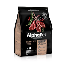 AlphaPet Superpremium полнорационный сухой корм для взрослых кошек с чувствительным пищеварением, с ягненком - 7 кг - фото 12021