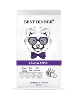 Best Dinner Adult Sensible Maxi Lamb & Apple Полнорационный сухой корм для собак крупных пород склонных к аллергии и проблемам с пищеварением с Ягненком и яблоком 3 кг - фото 12166