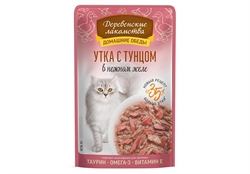 Деревенские лакомства конс. д/кошек «Утка с тунцом в нежном желе», пауч 70г - фото 12468