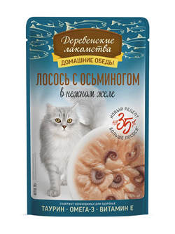 Деревенские лакомства конс. д/кошек «Лосось с осьминогом в нежном желе», пауч 70г - фото 12470