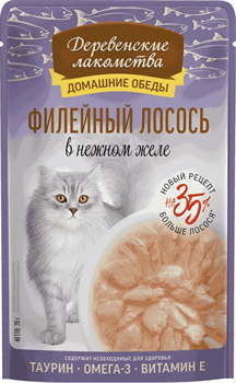 Деревенские лакомства конс. д/кошек «Филейный лосось в нежном желе», пауч 70г - фото 12502