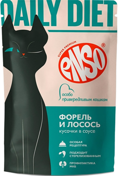 ENSO DAILY DIET Корм влажный полнорационный профилактический для взрослых привередливых кошек, кусочки в соусе с форелью и лососем, пауч 85г/24шт. (Без характеристики) - фото 12513