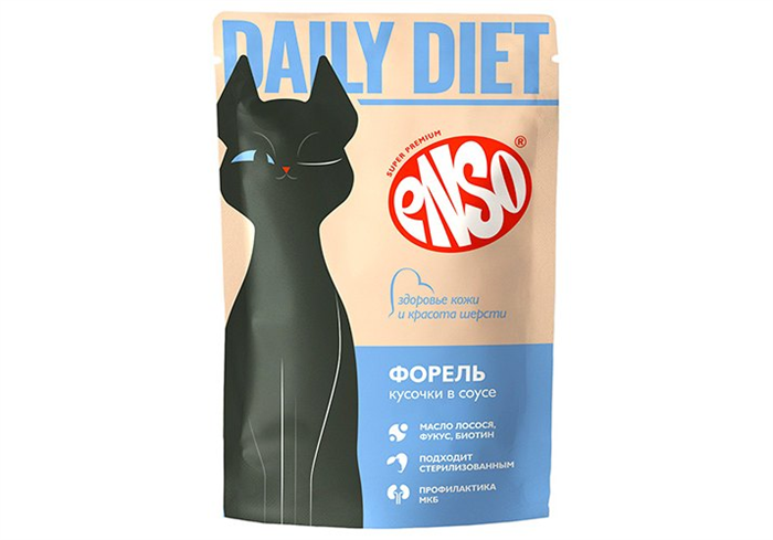 ENSO DAILY DIET Корм влажный полнорационный профилактический для взрослых кошек, поддержание здоровья кожи и красоты шерсти, кусочки в соусе с форелью, пауч 85 (Без характеристики) ZB309303 - фото 12548