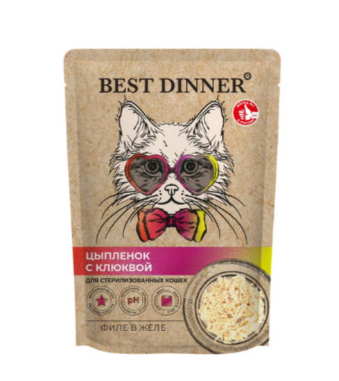 КОРМ BEST DINNER ПАУЧ HOLISTIC Филе в желе Цыпленок с Клюквой для стерилизованных кошек, 70 гр MZB408993 - фото 13569