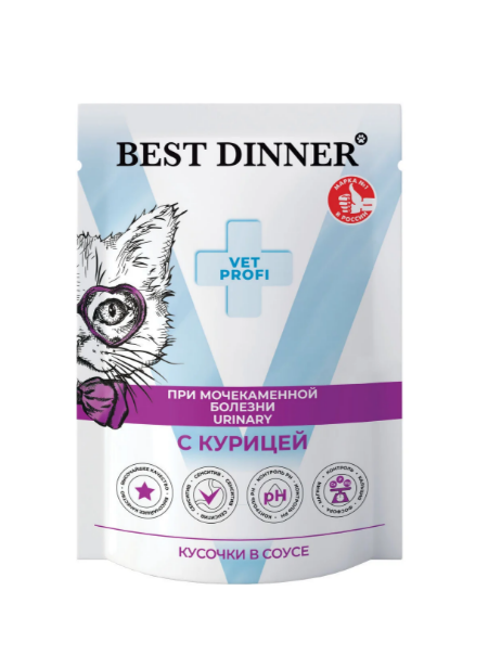 Best Dinner Exclusive Vet Profi Urinary влажный корм для кошек при мочекаменной болезни с кусочками курицы в соусе, 85 гр MZB403486 - фото 13600