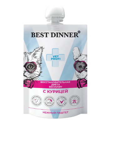 Best Dinner Vet Profi Recovery влажный корм при истощении, выздоровлении и послеоперационном восстановлении с курицей для кошек и собак, 85 гр MZB407910 - фото 13771