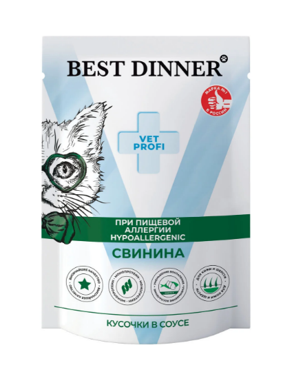 Best Dinner Vet Profi Hypoallergenic корм для кошек при пищевой аллергии и непереносимости, кусочки в соусе свинина, 85 гр MZB409433 - фото 13792