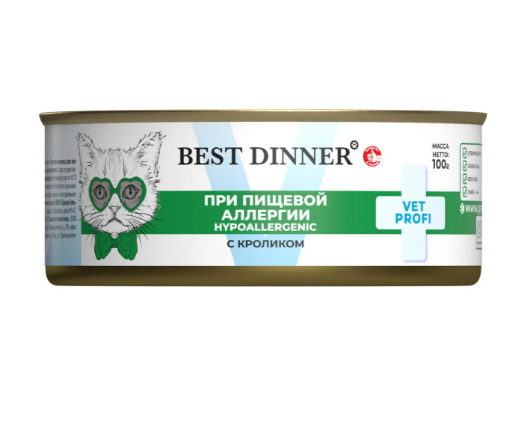 Best Dinner Vet Profi Hypoallergenic влажный корм при пищевой аллергии с кроликом для взрослых кошек и котят, 100 гр MZB406845 - фото 13846
