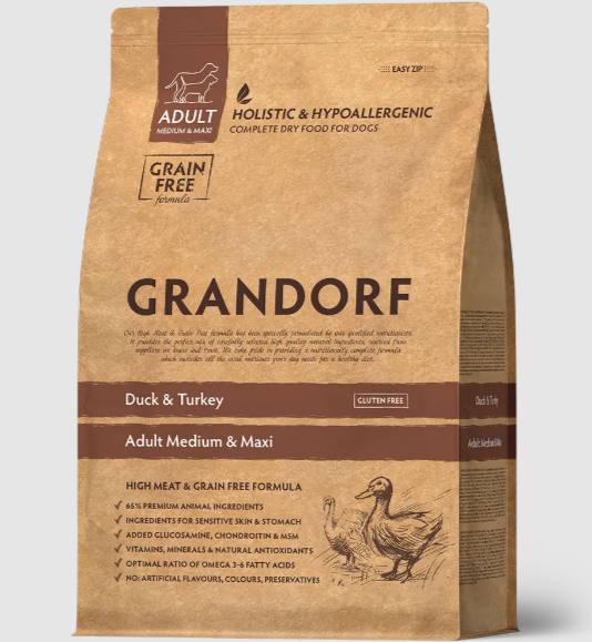 GRANDORF DOG Duck&Turkey MED&MAXI утка с индейкой для собак средних и крупных пород, 1 кг. MZB851034 - фото 14712