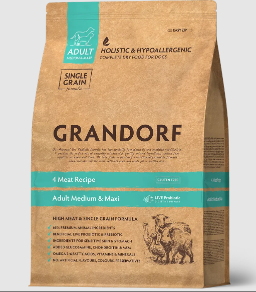GRANDORF DOG 4 Meat PROBIOTIC MED&MAXI 4 мяса с пробиотиками для собак средних и крупных пород, 1 кг. MZB851119 - фото 14819