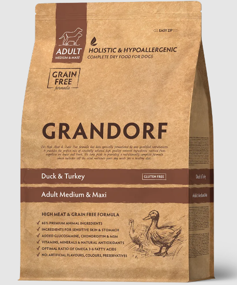 GRANDORF DOG Duck&Turkey MED&MAXI утка с индейкой для собак средних и крупных пород, 3 кг. MZB851041 - фото 14827