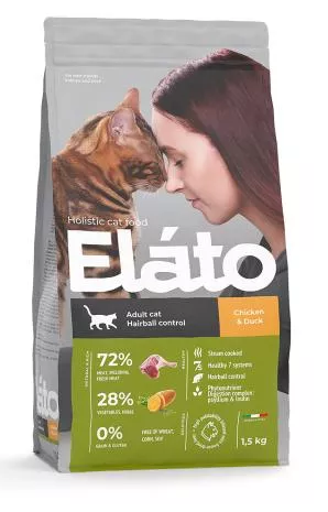 Elato Holistic корм для взрослых кошек с курицей и уткой для выведения шерсти, 1.5кг MZB100922 - фото 15585