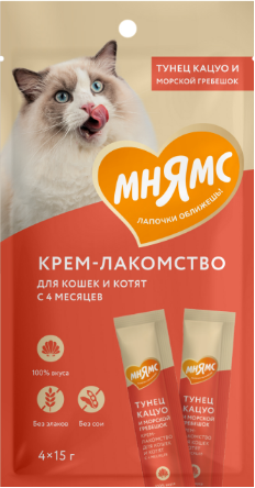 Мнямс Крем-лакомство для кошек с тунцом Кацуо и морским гребешком, 15 гр х 4 шт. MZB703829 - фото 15831
