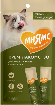 Крем-лакомство Мнямс для кошек с уткой и тунцом Кацуо, 15 г х 4 шт MZB540713 - фото 15837