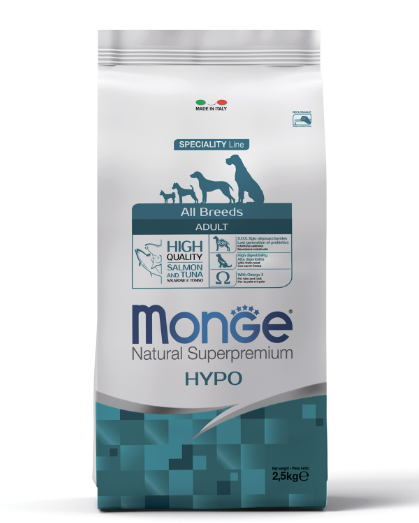 MONGE SPECIALITY LINE ALL BREEDS ADULT HYPO SALMONE & TUNA сухой корм для собак гипоаллергенный лосось с тунцом, 2.5 кг MZB011167 - фото 15965
