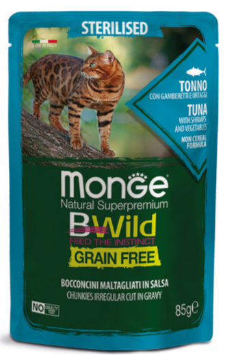 Monge Cat BWild Grain Free паучи из тунца с креветками и овощами для стерилизованных кошек, 85 гр MZB012799 - фото 16104