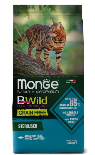 Monge Cat BWild Grain Free беззерновой корм из тунца и гороха для стерилизованных взрослых кошек, 1.5 кг MZB012089 - фото 16136