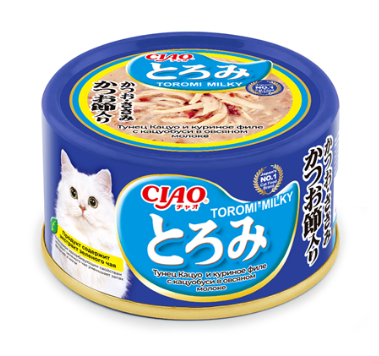 INABA CIAO Toromi Milky для кошек Тунец Кацуо и куриное филе с кацуобуси в овсяном молоке ж/б, 80 гр MZB947261 - фото 16326