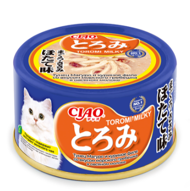 INABA CIAO Toromi Milky для кошек Тунец Магуро и куриное филе со вкусом морского гребешка в овсяном молоке ж/б, 80 гр MZB947247 - фото 16327