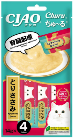 INABA ЧАО ЧУРУ пюре-лакомство для кошек Куриное филе для поддержания здоровья почек, 14 гр*4 шт MZB947414 - фото 16340