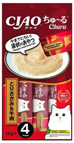 INABA ЧАО ЧУРУ пюре куриное филе и говядина для кошек, 14 гр*4 шт MZB947322 - фото 16342