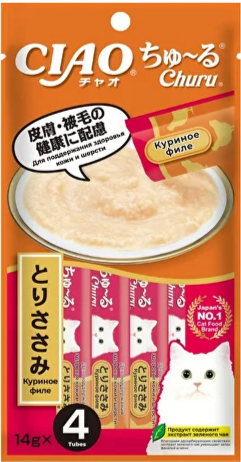 INABA ЧАО ЧУРУ пюре для кожи и шерсти куриное филе для кошек, 14 гр*4 шт MZB444944 - фото 16345