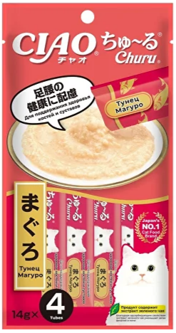 INABA ЧАО ЧУРУ пюре для укрепления костей и суставов желтоперый тунец для кошек, 14 гр*4 шт MZB444968 - фото 16346
