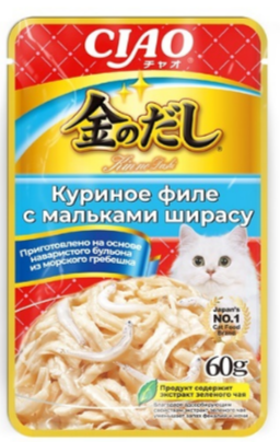 INABA ЧАО КИННОДАШИ Куриное филе с мальками ширасу Дополнительный рацион для кошек, 60 гр MZB644450 - фото 16363