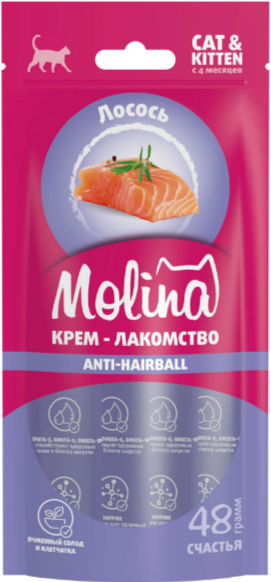 MOLINA, Функциональное крем-лакомство с лососем для взрослых кошек вывод комков шерсти из желудка, 48 гр MZB074082 - фото 16512