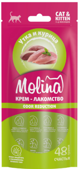 MOLINA Функциональное крем-лакомство с уткой и курицей для взрослых кошек, снижение запаха фекалий, 48 гр MZB074112 - фото 16521