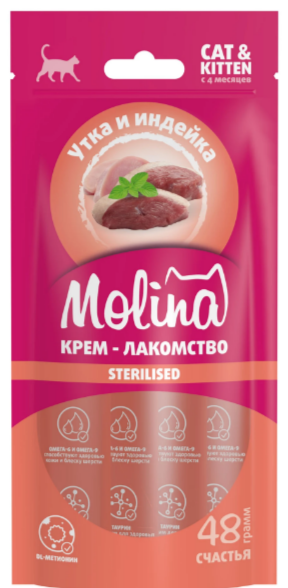 MOLINA Функциональное крем-лакомство с уткой и индейкой для взрослых кошек, здоровье мочевыводящей системы, 48 гр MZB074129 - фото 16524