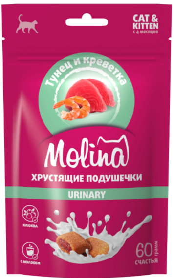 MOLINA Лакомство для кошек и котят "Хрустящие подушечки с начинкой из тунца и креветок", URINARY, 60 гр MZB013477 - фото 16529