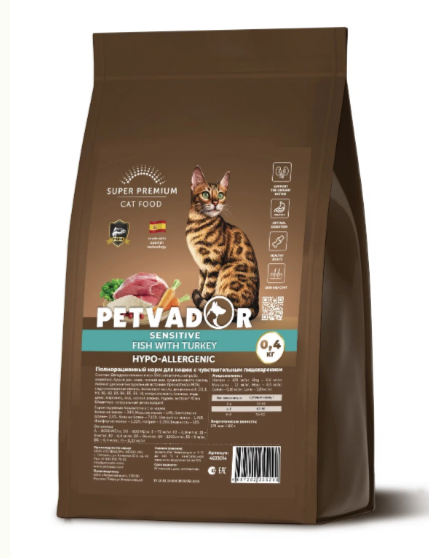 Petvador Полнорационный корм для кошек с чувств.пищеварением 400г MZB255290 - фото 16715