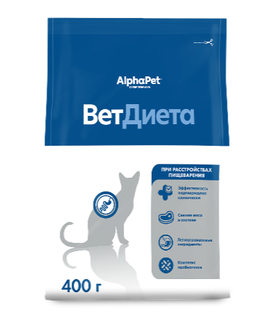 КОРМ ALPHAPET VET DIET Для взрослых кошек и котов при острых расстройствах пищеварения, в реабилитационный период и при истощении, 400 гр MZB655254 - фото 16909
