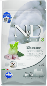 N&D White Dog с сибас, спирулиной и фенхелем беззерновой сухой корм для взрослых собак мелких пород с белой шерстью, 2 кг MZB041012 - фото 17038