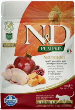 N&D Cat Pumpkin перепел с гранатом и тыквой беззерновой сухой корм для стерилизованных кошек и кастрированных котов, 300 гр MZB035370 - фото 17052