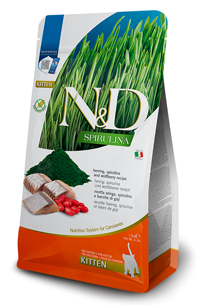 N&D Herring, Spirulina and Wolfberry kitten Сельдь, спирулина и ягоды годжи. Полнорационный сухой корм для котят, беременных и кормящих кошек, 1.5 кг MZB041128 - фото 17065