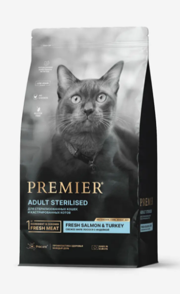 Premier Cat Salmon&Turkey STERILISED Свежее филе лосося с индейкой для кошек, 400 гр MZB851706 - фото 17100