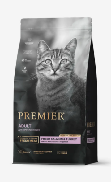 Premier Cat Salmon&Turkey ADULT Свежее филе лосося с индейкой для кошек, 2 кг MZB851676 - фото 17140