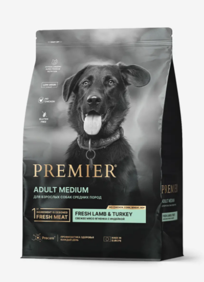 Premier Dog Lamb&Turkey ADULT Medium Свежее мясо ягненка с индейкой для собак средних пород, 10 кг MZB851508 - фото 17180