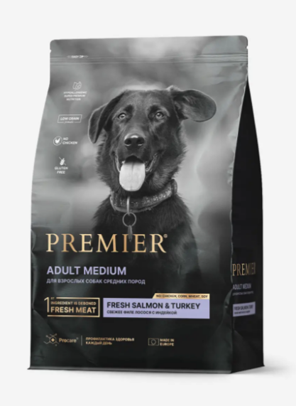 Premier Dog Salmon&Turkey ADULT Medium Свежее филе лосося с индейкой для собак средних пород, 3 кг MZB851560 - фото 17224