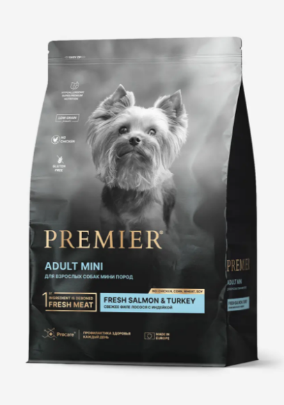 Premier Dog Salmon&Turkey ADULT Mini Свежее филе лосося с индейкой для собак мелких пород, 3 кг MZB851546 - фото 17232
