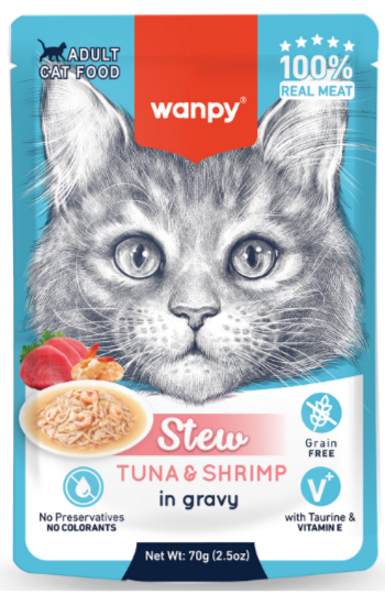 Wanpy Cat Дополнительный консервированный корм пауч для кошек тунец и креветки в собственному соку, 70 гр MZB853275 - фото 17605