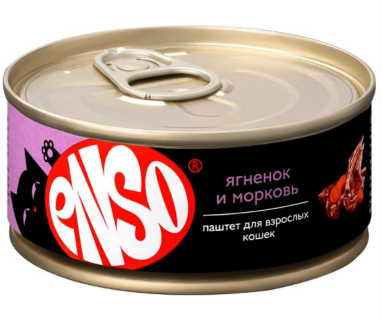 ENSO Корм консервированный полнорационный для взрослых кошек, паштет с ягненком и морковью, 100 гр MZB365233 - фото 17614