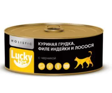 Консервы для кошек Lucky bits куриная грудка, филе индейки и лосося с черникой, 100 гр MZB017725 - фото 17634