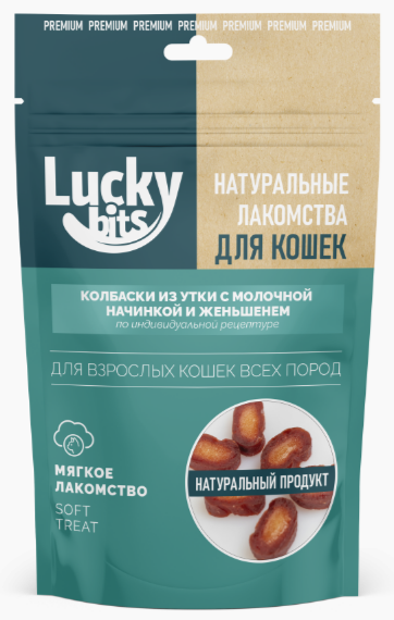 Лакомство для кошек Lucky bits Колбаски из утки с молочной начинкой и женьшенем, 40 гр MZB602503 - фото 17710