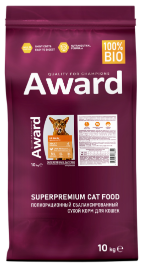 Сухой корм AWARD Urinary для взрослых кошек для профилактики мочекаменной болезни с курицей с добавлением клюквы, цикория и рыбьего жира, 10 кг MZB173655 - фото 17869