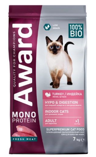 Сухой корм AWARD Monoprotein для взрослых кошек из индейки с добавлением яблока и артишока, 7 кг MZB201234 - фото 17877