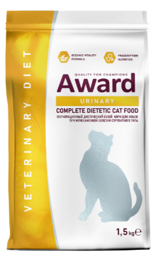 Диетический корм AWARD VETERINARY DIET URINARY для взрослых кошек при мочекаменной болезни струвитного типа, 1.5 кг MZB200282 - фото 17881